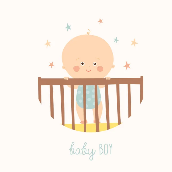 Niedliches Baby 1 Jahr alt im Kinderbett stehend. Designelement Babydusche. — Stockvektor