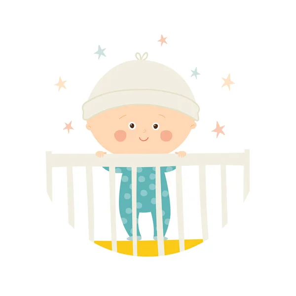 Cute Baby 1 year old standing in Crib. Baby shower design element. — Stockvector