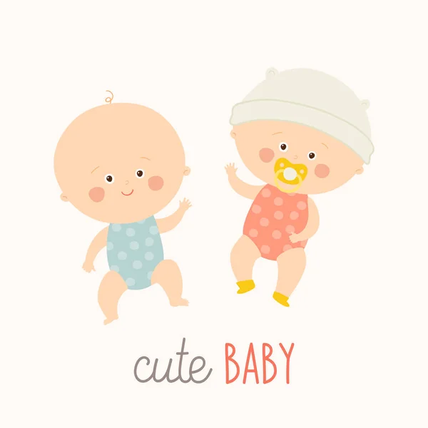 Twee schattige baby's liggen met baby fopspeen. Peuter jongen en meisje te leggen en glimlachen. Cartoon van de hand van de vector illustratie van de getekende eps 10 geïsoleerd op witte achtergrond — Stockvector