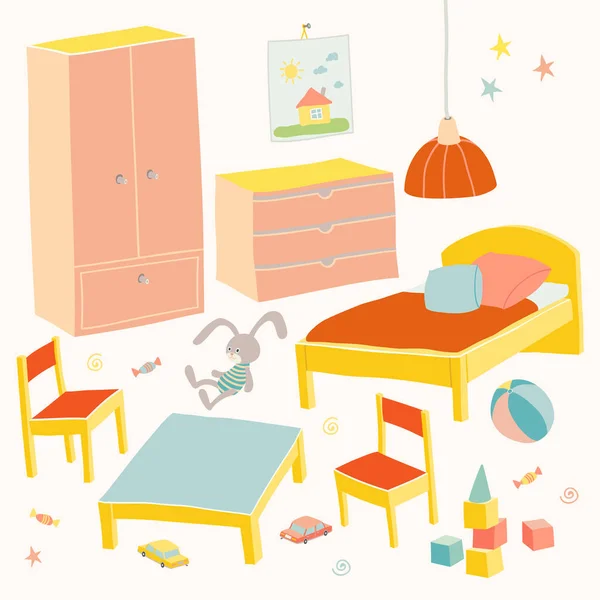 子供部屋の家具のセット。小さな女の子のための子供の小さな家具。ベッド、椅子、ワードローブ、チェストとテーブル。手は、白い背景の漫画イラストを描かれました。ベビー シャワーの設計要素 — ストックベクタ