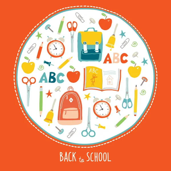 शाळेचा पहिला दिवस. कार्ड संकल्पना. पोस्टर डिझाइन. मजेदार हाताने काढलेल्या शाळा चिन्ह सेट. फ्लॅट शैलीमध्ये वेक्टर क्लिप आर्ट ईपीएस 10 स्पष्टीकरण . — स्टॉक व्हेक्टर