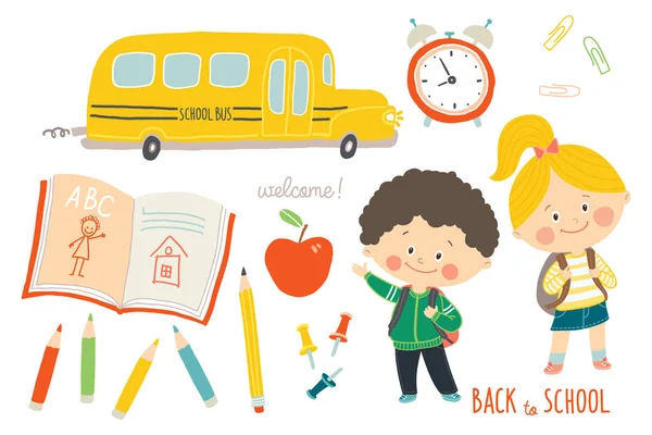 Divertidos niños dibujados a mano con mochilas. Lindo chico y chica con mochilas. Feliz primer día de diseño de la tarjeta de la escuela.Dibujos animados vector eps 10 ilustración sobre fondo blanco en estilo plano — Vector de stock