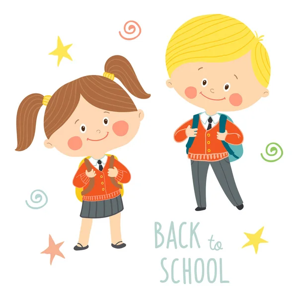 Divertidos niños dibujados a mano en uniformes escolares con bolsos escolares. Lindo chico y chica con mochilas. Volver al diseño de la tarjeta de la escuela.Cartoon vector clip art eps 10 ilustración sobre fondo blanco en estilo plano — Vector de stock