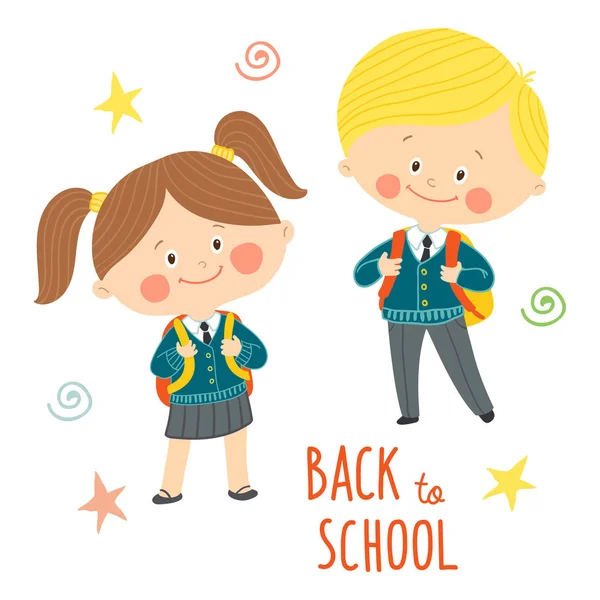 Divertidos Niños Dibujados Mano Uniformes Escolares Con Bolsos Escolares Lindo — Vector de stock