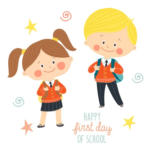 Divertidos niños dibujados a mano en uniformes escolares con bolsos escolares. Lindo chico y chica con mochilas. Feliz primer día de diseño de la tarjeta de la escuela.Dibujos animados vector eps 10 ilustración sobre fondo blanco en estilo plano . — Vector de stock