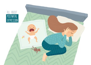Doğum sonrası depresyon. Doğum sonrası depresyon. Depresif genç kadın ile ağlayan bir bebeğin yatakta yatıyordu.