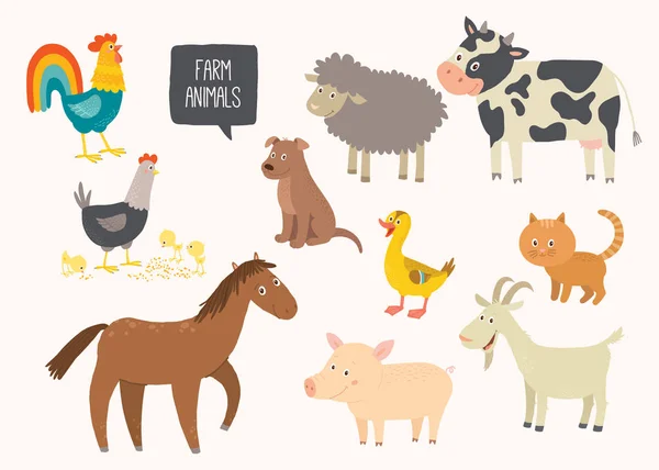 Set of cute farm animals. Horse, cow, sheep, pig, duck, hen, goat, dog, cat, cock. Cartoon vector hand drawn eps 10 childrens illustration isolated on white background. — Stock Vector