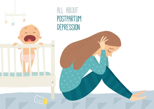 Mujer joven deprimida con bebé lindo. Depresión posparto. Depresión posnatal . — Vector de stock
