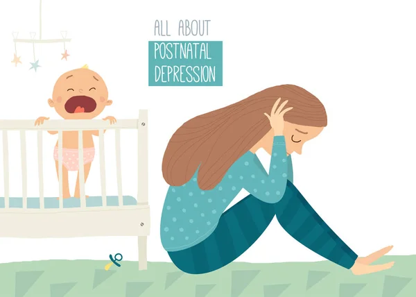 Jeune femme déprimée avec bébé mignon. Dépression post-partum. Dépression postnatale . — Image vectorielle