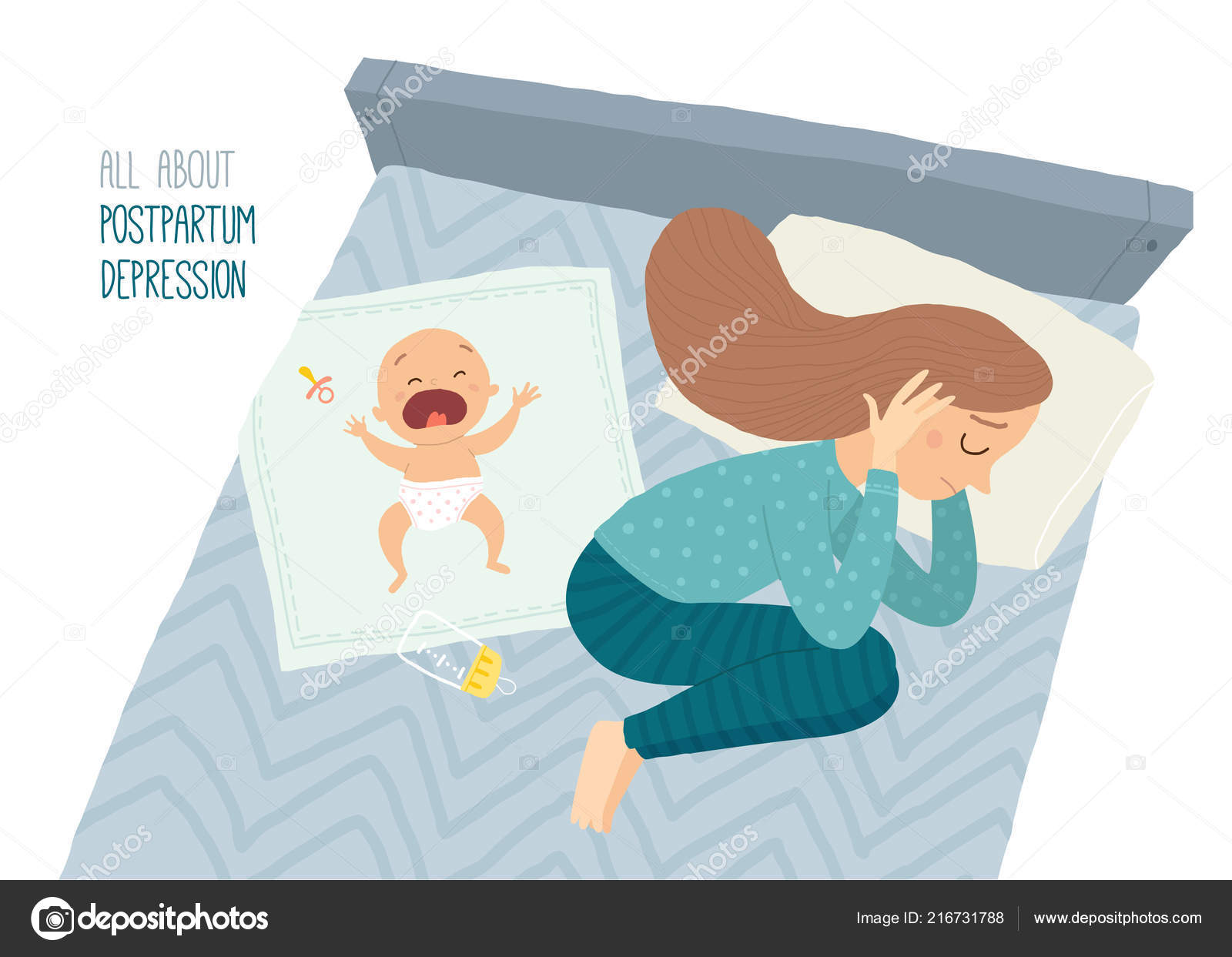 Postpartum depression. Postnatal depression. Baby s blues. Cartoon ...