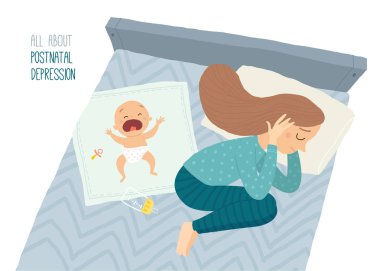 Doğum sonrası depresyon. Doğum sonrası depresyon. Bebek s blues. Vektör el Beyaz arka plan üzerinde çizilmiş eps 10 illüstrasyon izole karikatür.