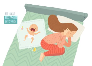Doğum sonrası depresyon. Doğum sonrası depresyon. Bebek s blues. Vektör el Beyaz arka plan üzerinde çizilmiş eps 10 illüstrasyon izole karikatür.