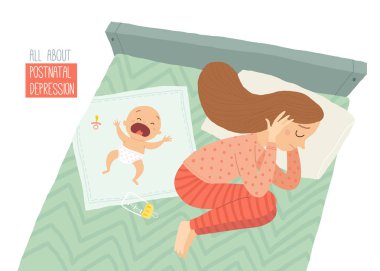 Doğum sonrası depresyon. Doğum sonrası depresyon. Bebek s blues. Vektör el Beyaz arka plan üzerinde çizilmiş eps 10 illüstrasyon izole karikatür.