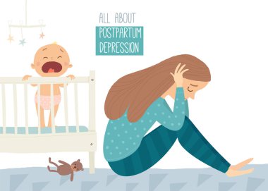 Doğum sonrası depresyon. Doğum sonrası depresyon. Bebek s blues. Vektör el Beyaz arka plan üzerinde çizilmiş eps 10 illüstrasyon izole karikatür.