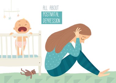 Doğum sonrası depresyon. Doğum sonrası depresyon. Bebek s blues. Vektör el Beyaz arka plan üzerinde çizilmiş eps 10 illüstrasyon izole karikatür.