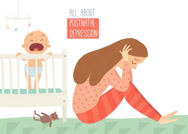 Doğum sonrası depresyon. Doğum sonrası depresyon. Bebek s blues. Vektör el Beyaz arka plan üzerinde çizilmiş eps 10 illüstrasyon izole karikatür.