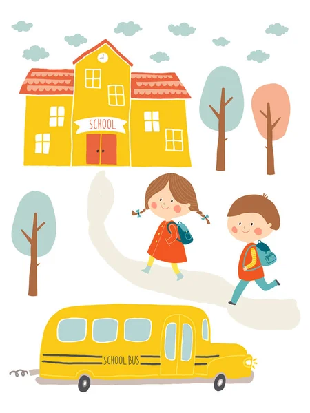 Feliz primer día de diseño de tarjetas escolares. Los niños van a la escuela. Lindo chico y chica con el edificio de la escuela y el autobús escolar. Dibujos animados vector clip art eps 10 ilustración sobre fondo blanco. Letras manuales . — Vector de stock