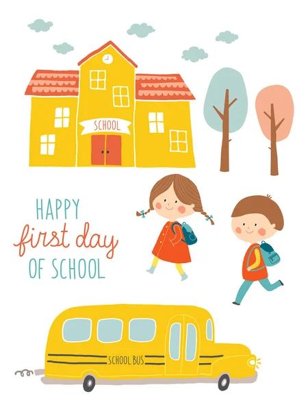 Feliz primer día de diseño de tarjetas escolares. Los niños van a la escuela. Lindo chico y chica con el edificio de la escuela y el autobús escolar. Dibujos animados vector clip art eps 10 ilustración sobre fondo blanco. Letras manuales . — Vector de stock