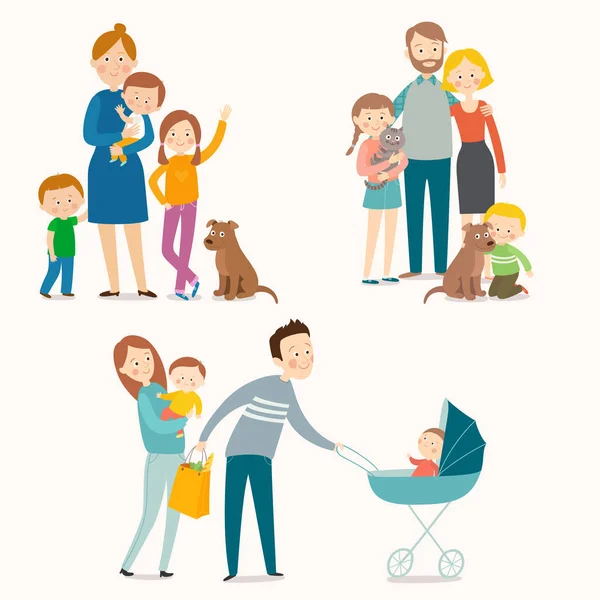 Ensemble de familles heureuses avec enfants et animaux domestiques . — Image vectorielle