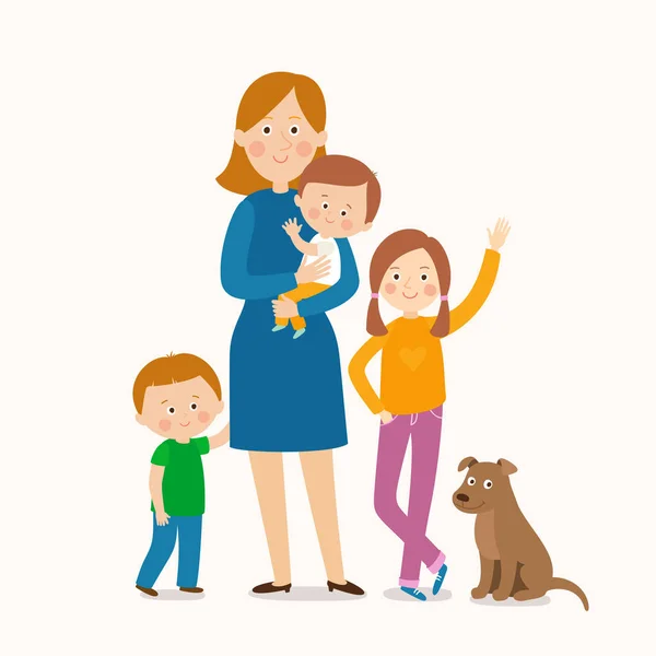 Madre de pie con sus tres hijos — Vector de stock