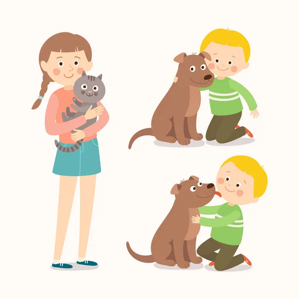 Niños y mascotas. El niño abraza cariñosamente a su perro mascota. Pequeño perro lamiendo la mejilla del chico. Chica adolescente con su gato. Mejores amigos. Dibujos animados vector clip ilustración de arte sobre fondo blanco . — Archivo Imágenes Vectoriales