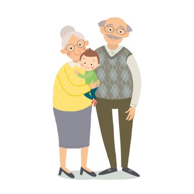 Grandparents with grandchild. Grandmother, grandfother and little grandson. Cartoon vector hand drawn eps 10 childrens illustration isolated on white background in a flat style. clipart