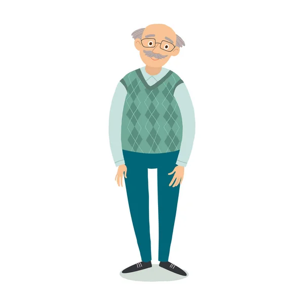 Senior man standing. Old man wearing glasses. Grandfather with grey hair, mustache, wearing sweater. Cartoon grandpa. Cartoon vector hand drawn eps 10 flat illustration isolated on white background — Stock Vector