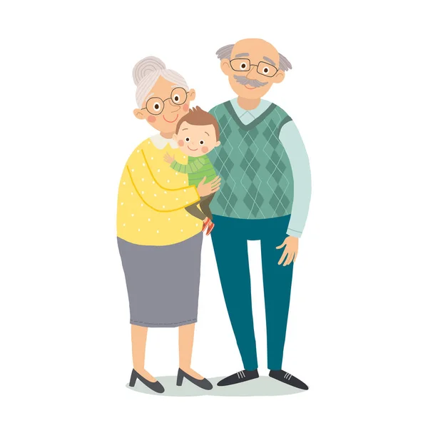 Бабуся і дідусь з онуками. Бабуся, бабуся і маленький онук. Мультфільм Векторна рука намальована eps 10 дитяча ілюстрація ізольована на білому тлі в плоскому стилі . — стоковий вектор