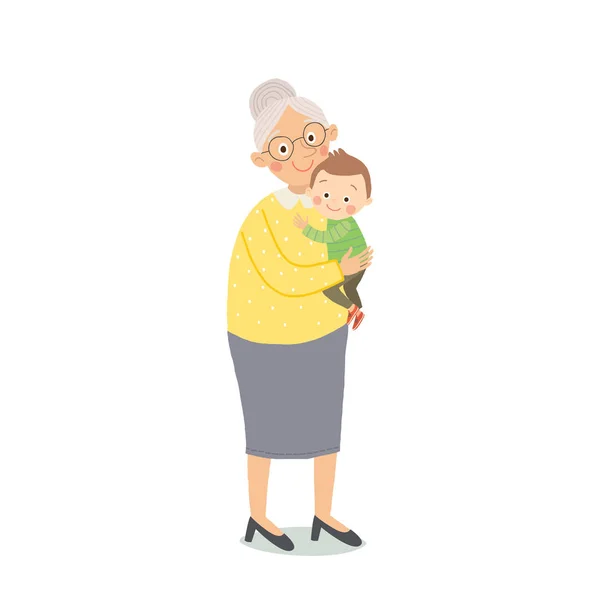 Retrato de familia feliz. Abuela y nieto de pie. Dibujos animados vector dibujado a mano eps 10 niños ilustración aislada sobre fondo blanco en un estilo plano . — Vector de stock