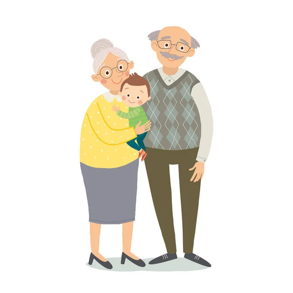 Großeltern mit Enkelkind. Oma, Opa und kleiner Enkel. Cartoon Vektor Hand gezeichnet Folge 10 Kinder Illustration isoliert auf weißem Hintergrund in einem flachen Stil. — Stockvektor