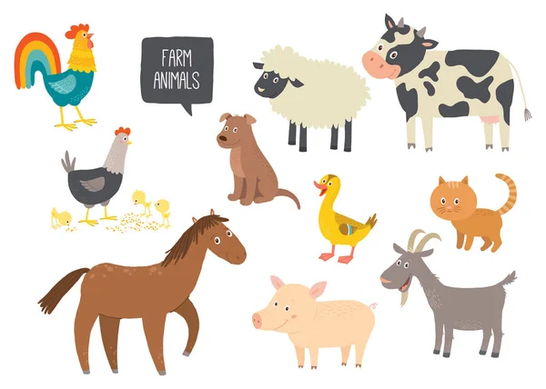 Aranyos állatok csoportja. Ló, tehén, juh, sertés, kacsa, tyúk, kecske, kutya, macska, kakas. Rajzfilm vektor kézzel rajzolt eps 10 gyermek illusztráció elszigetelt fehér background. — Stock Vector