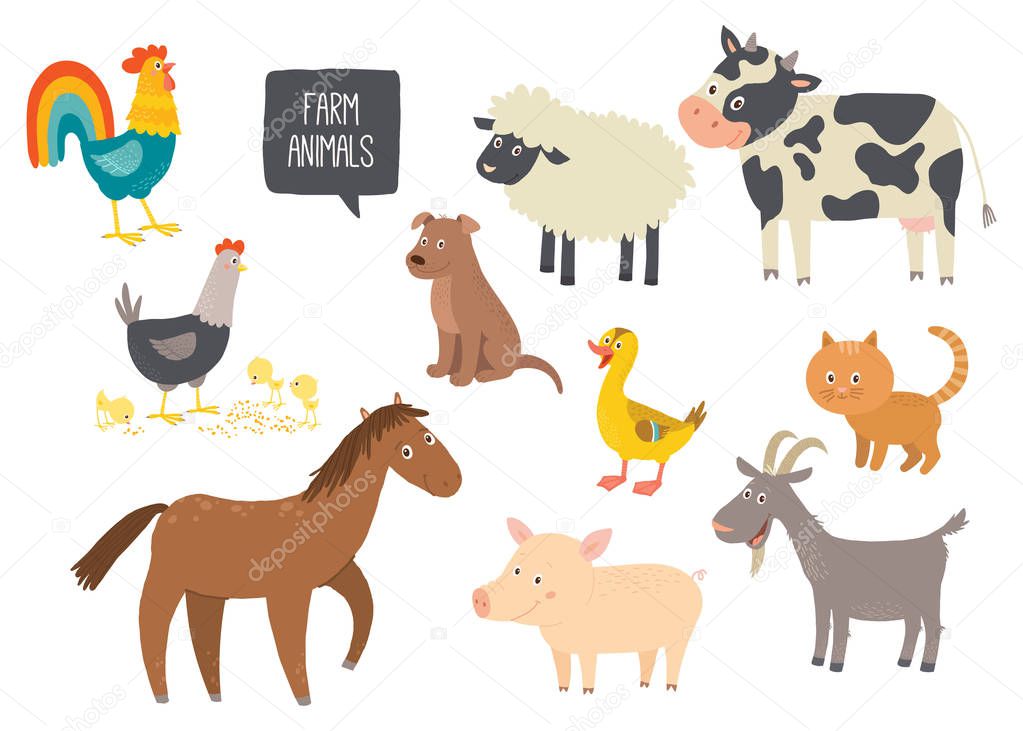 Set of cute farm animals. Horse, cow, sheep, pig, duck, hen, goat, dog, cat, cock. Cartoon vector hand drawn eps 10 childrens illustration isolated on white background.