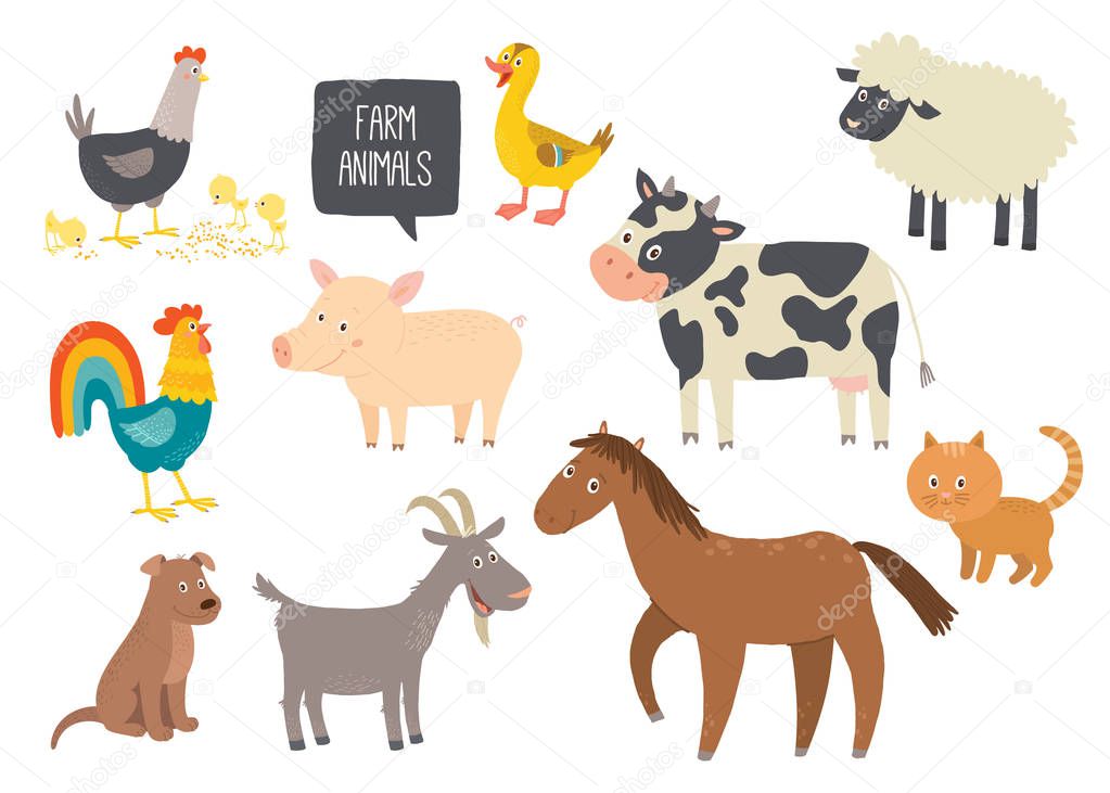 Set of cute farm animals. Horse, cow, sheep, pig, duck, hen, goat, dog, cat, cock. Cartoon vector hand drawn eps 10 childrens illustration isolated on white background.