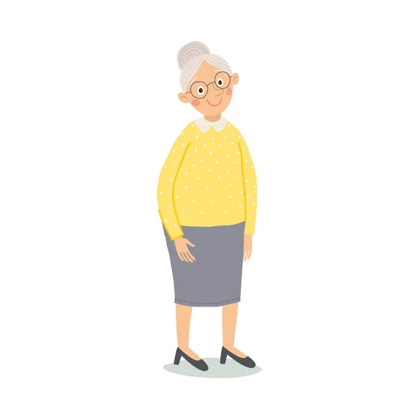 Oude vrouw. Senior dame met bril permanent. Schattige oma glimlachen. Ouderen, senior, gepensioneerden. Vector hand getekende eps 10 illustratie geïsoleerd op een witte achtergrond in een platte stijl cartoon. — Stockvector