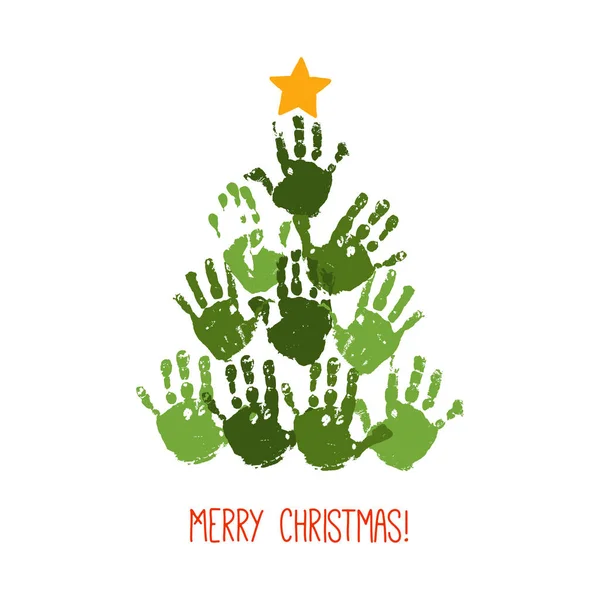 Árbol de Navidad de huella manual con estrella dibujada a mano. Diseño de tarjetas navideñas. Vector eps 10 ilustración aislada en blanco  . — Vector de stock