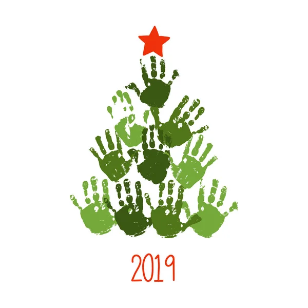 Árbol de Navidad de huella manual con estrella dibujada a mano. Diseño de tarjetas navideñas. Vector eps 10 ilustración aislada en blanco  . — Vector de stock