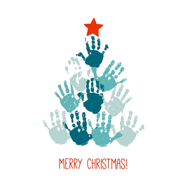 Árbol de Navidad con huella de mano con estrella roja dibujada a mano. Diseño de tarjetas navideñas. Vector eps 10 ilustración aislada en blanco  . — Vector de stock