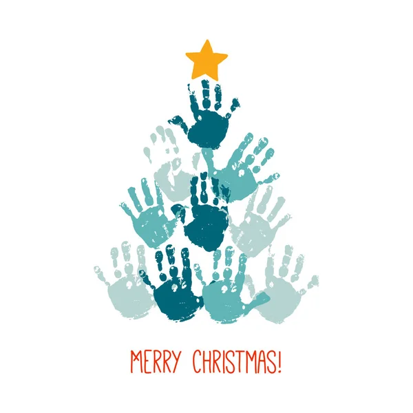 Árbol de Navidad huella de mano con estrella dibujada a mano amarilla. Diseño de tarjetas navideñas. Vector eps 10 ilustración aislada en blanco  . — Vector de stock