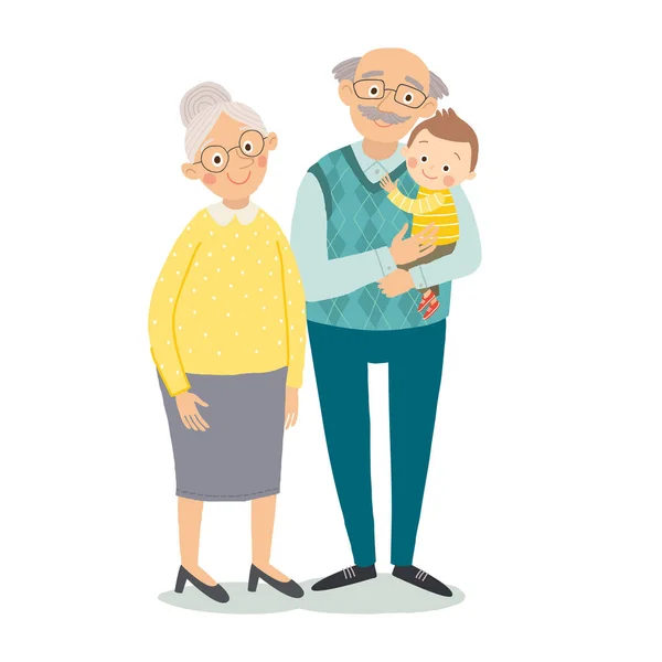 Großeltern mit Enkelkind. Großmutter, Großvater und Enkelkind. Großelterntag Grußkarte Konzept. Cartoon-Vektor handgezeichnete Illustration isoliert auf weißem Hintergrund in einem flachen Stil. — Stockvektor
