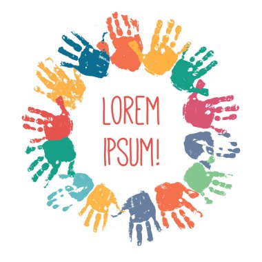 Bir daire şeklinde renkli çocuk el izleri. Çocuklar palm çevresinde unvanını yazdırır. Dayanışma veya dostluk kavramı. Okul öncesi logo tasarımı. Vektör eps 10 illüstrasyon izole beyaz.