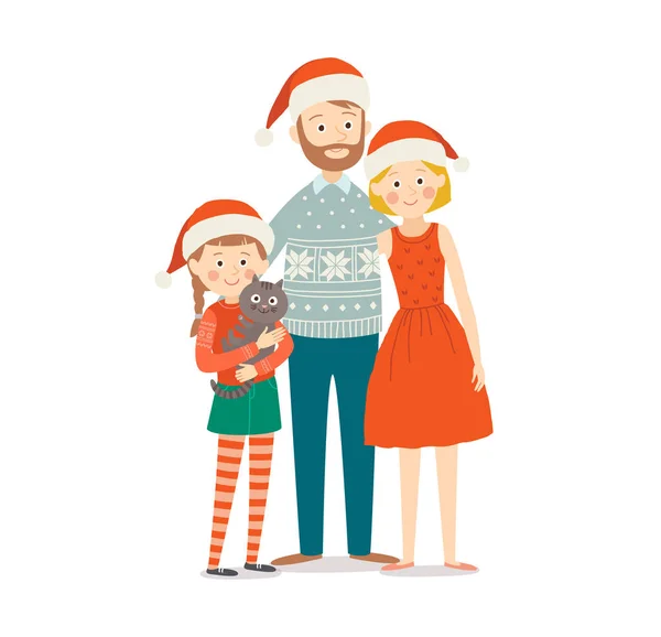 Retrato familiar navideño con mascota. Familia feliz en sombreros de Navidad con su gato. Madre, padre e hija. Dibujos animados vector dibujado a mano ilustración aislada sobre fondo blanco en un estilo plano . — Vector de stock