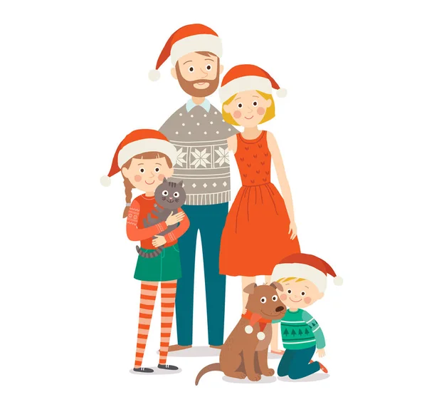 Familia con dos hijos en Navidad. Madre, padre, hija e hijo en sombreros rojos de Navidad. Selebraciones familiares. Dibujos animados vector dibujado a manoilustración aislada sobre fondo blanco en un estilo plano . — Vector de stock