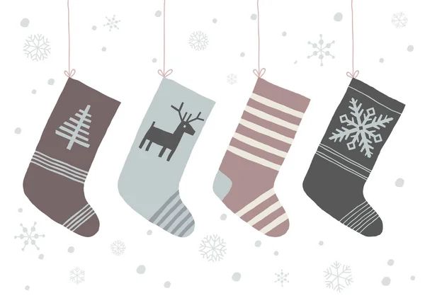 Fondo navideño con copos de nieve y calcetines colgados de una cuerda. Dibujos animados vector dibujado a mano eps 10 ilustración aislada sobre fondo blanco en un estilo plano . — Vector de stock