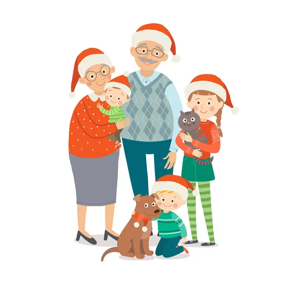 Abuelo y abuela con tres nietos en sombrero rojo de Navidad. Retrato familiar navideño. Dibujos animados vector dibujado a mano eps 10 niños ilustración aislada sobre fondo blanco . — Vector de stock