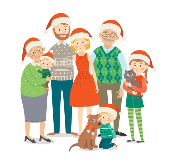 Gran familia feliz en sombreros de Navidad con mascotas. Abuelos, padres e hijos juntos. Dibujos animados vector dibujado a mano eps 10 niños ilustración aislada sobre fondo blanco en un estilo plano . — Vector de stock