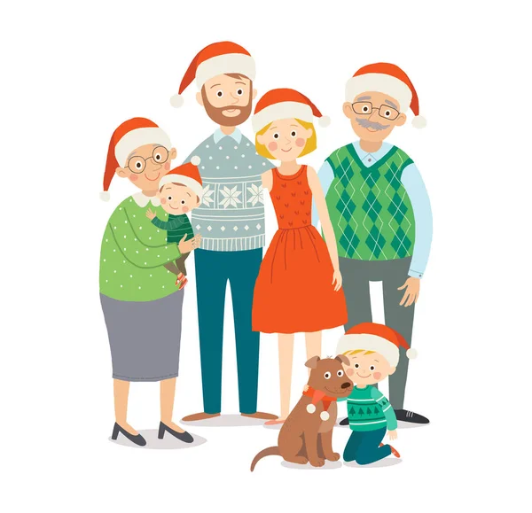 Retrato familiar navideño. Feliz familia en Navidad. Abuelos, padres e hijos juntos. Dibujos animados vector dibujado a mano eps 10 ilustración aislada sobre fondo blanco en un estilo plano . — Vector de stock