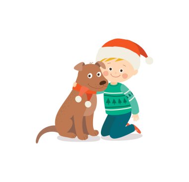 Mutlu çocuk ve köpek Noel arifesinde. Çocuk ve evde beslenen hayvan Santa şapka giymiş. Çocuk evde köpek yavrusu ile eğleniyor. Vektör el düz bir tarzda beyaz zemin üzerine çizilen illüstrasyon izole karikatür.