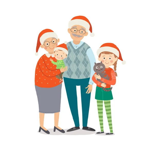 Grand-parents avec petits-enfants à Noël. Joyeux famille en chapeaux de Père Noël rouge. Dessin animé vecteur dessiné à la main eps 10 enfants illustration isolé sur fond blanc . — Image vectorielle