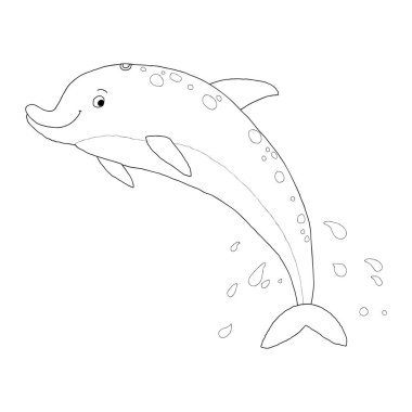 Bir atlama komik yunus kontur görüntüsü. Boyama Kitap Illustration. Vektör el düz bir tarzda beyaz arka plan üzerinde çizilmiş anahat eps 10 illüstrasyon izole karikatür.