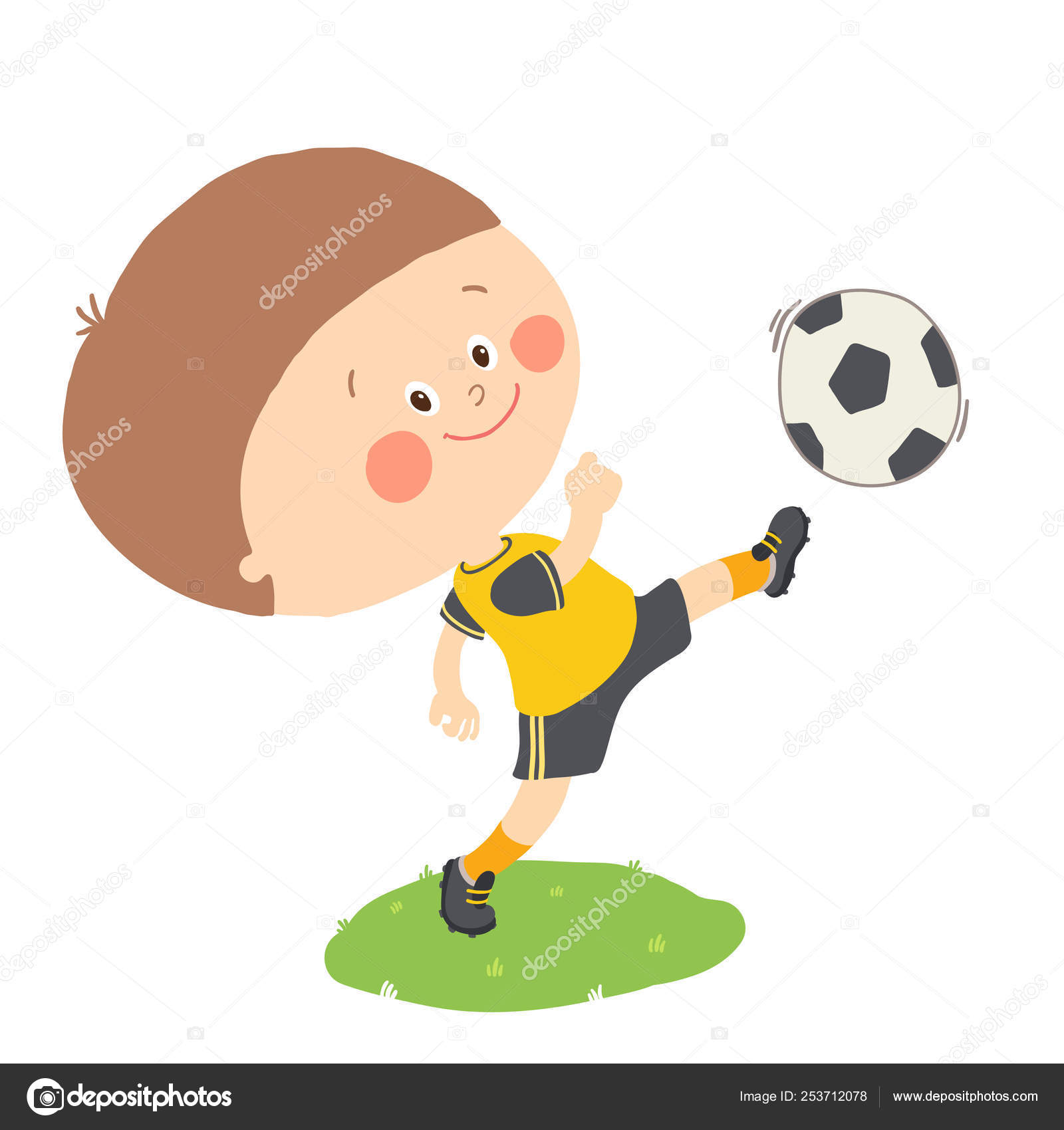 Little Boy Kicking A Soccer Ball On Green Field Isolated Cartoon Vector Hand Drawn Illustration Isolated On White Background Stock Vector Image By C Lubenica